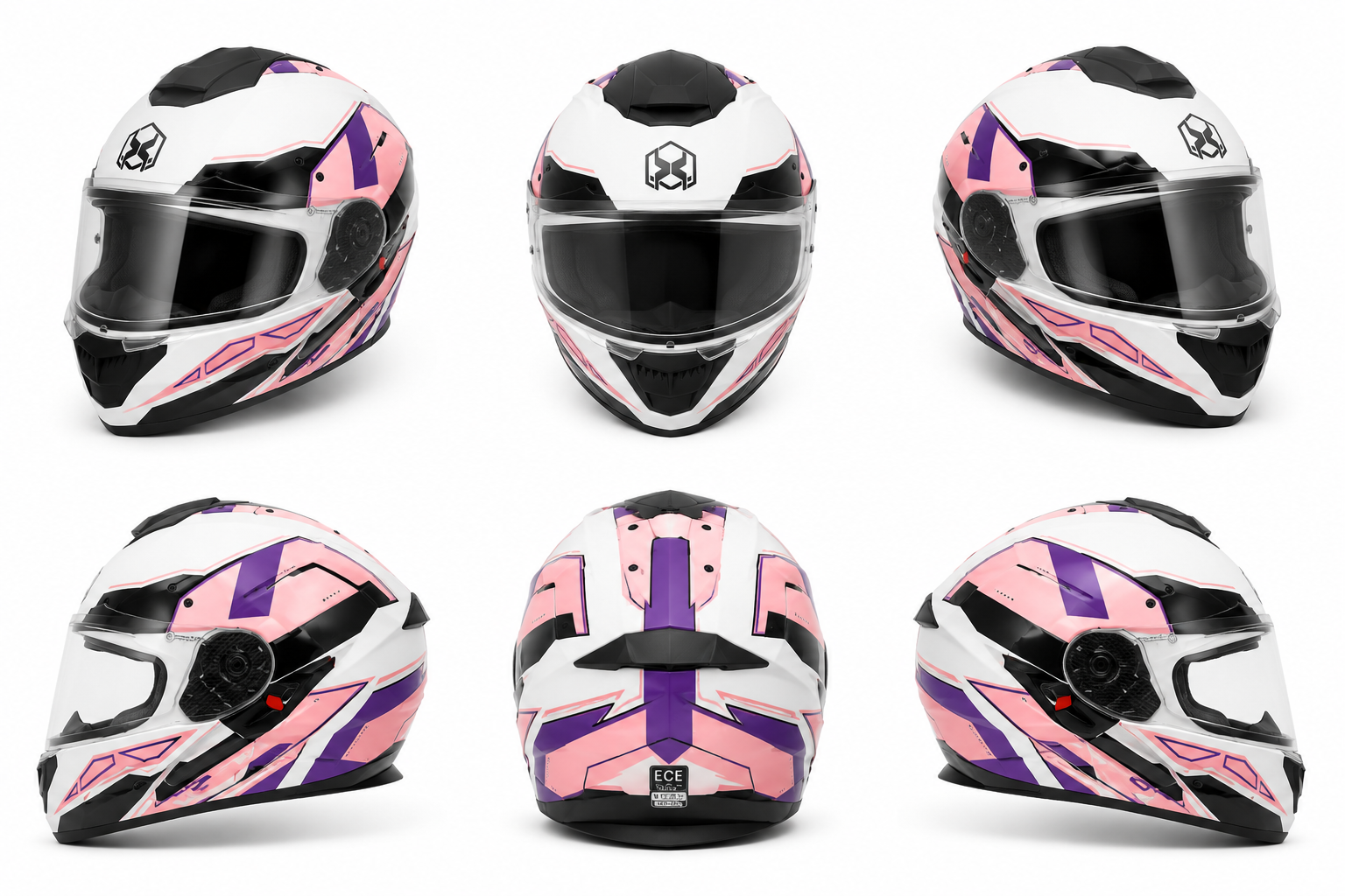 Casque Intégral Moto Blanc/Rose/Violet – Double Visière – Homologué ECE