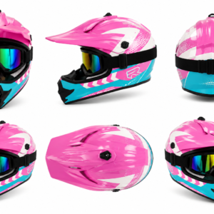 Casque Cross SAFE Rose/Bleu avec Lunettes Miroir